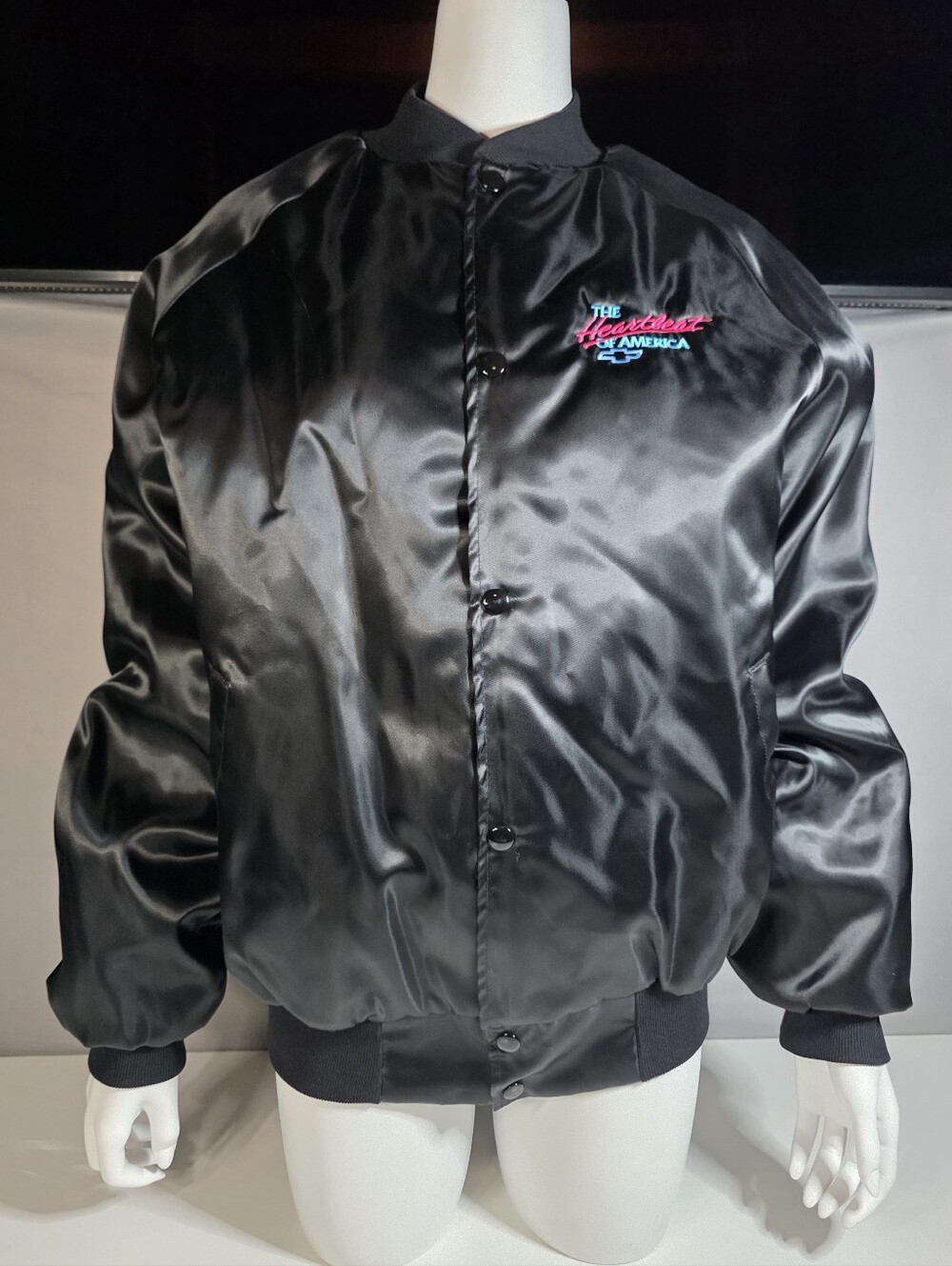 Vintage Black Satin Men’s Bomber Jacket with Embroidered Logo Size Large